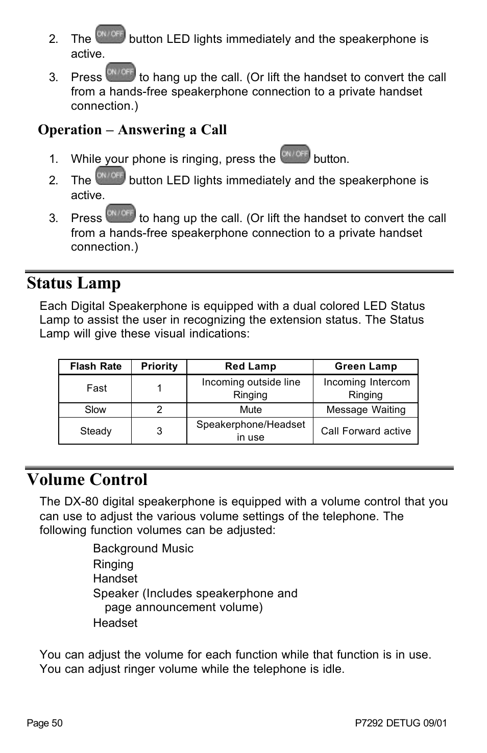 Status lamp, Volume control, Operation – answering a call | Vertical Communications DX-80TM User Manual | Page 53 / 55