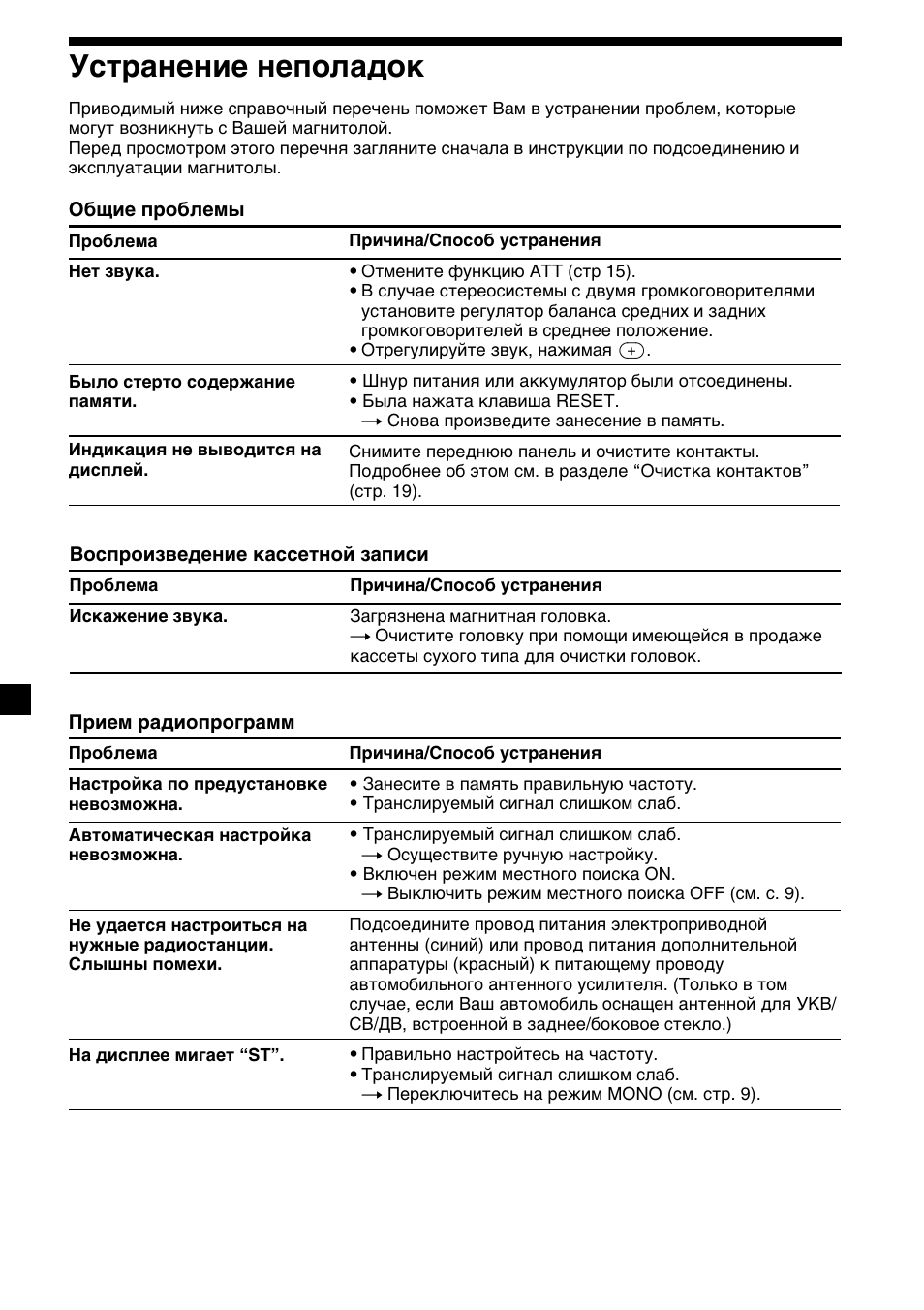 22 устранение неполадок | Sony XR-CA310  RU User Manual | Page 110 / 112