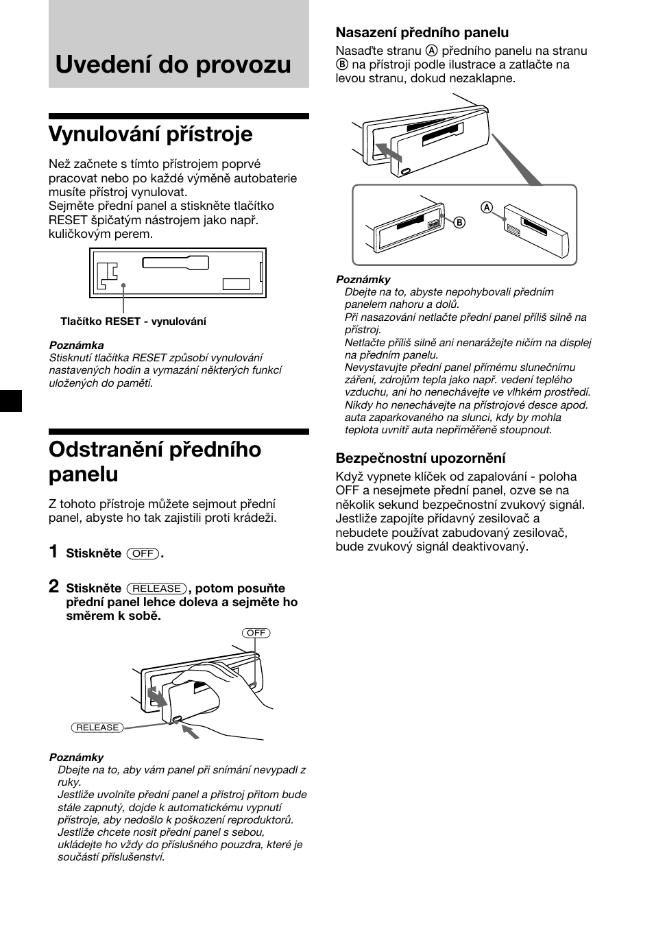 Uvedení do provozu, Vynulování přístroje, Odstranění předního panelu | Sony XR-CA310  RU User Manual | Page 28 / 112