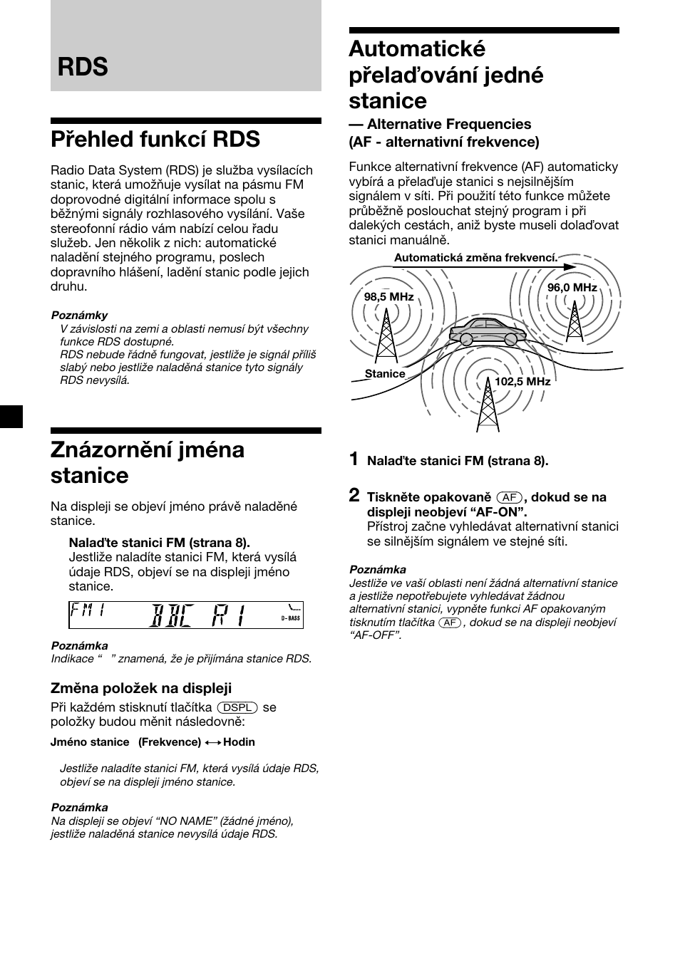 Přehled funkcí rds, Znázornění jména stanice, Automatické přela ování jedné stanice | Sony XR-CA310  RU User Manual | Page 32 / 112