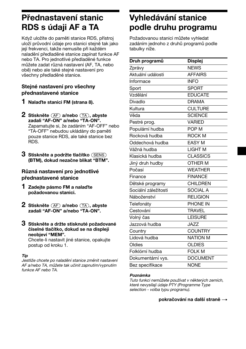 13 vyhledávání stanice podle druhu programu, Přednastavení stanic rds s údaji af a ta | Sony XR-CA310  RU User Manual | Page 35 / 112