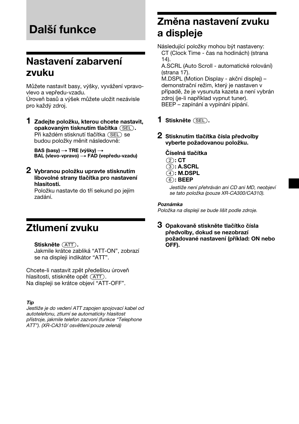 Další funkce, Nastavení zabarvení zvuku, Ztlumení zvuku | Změna nastavení zvuku a displeje | Sony XR-CA310  RU User Manual | Page 37 / 112