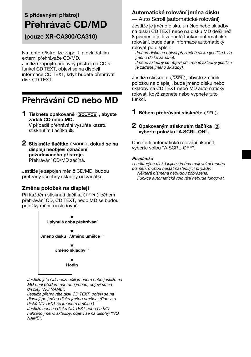 Přehrávač cd/md, Přehrávání cd nebo md | Sony XR-CA310  RU User Manual | Page 39 / 112