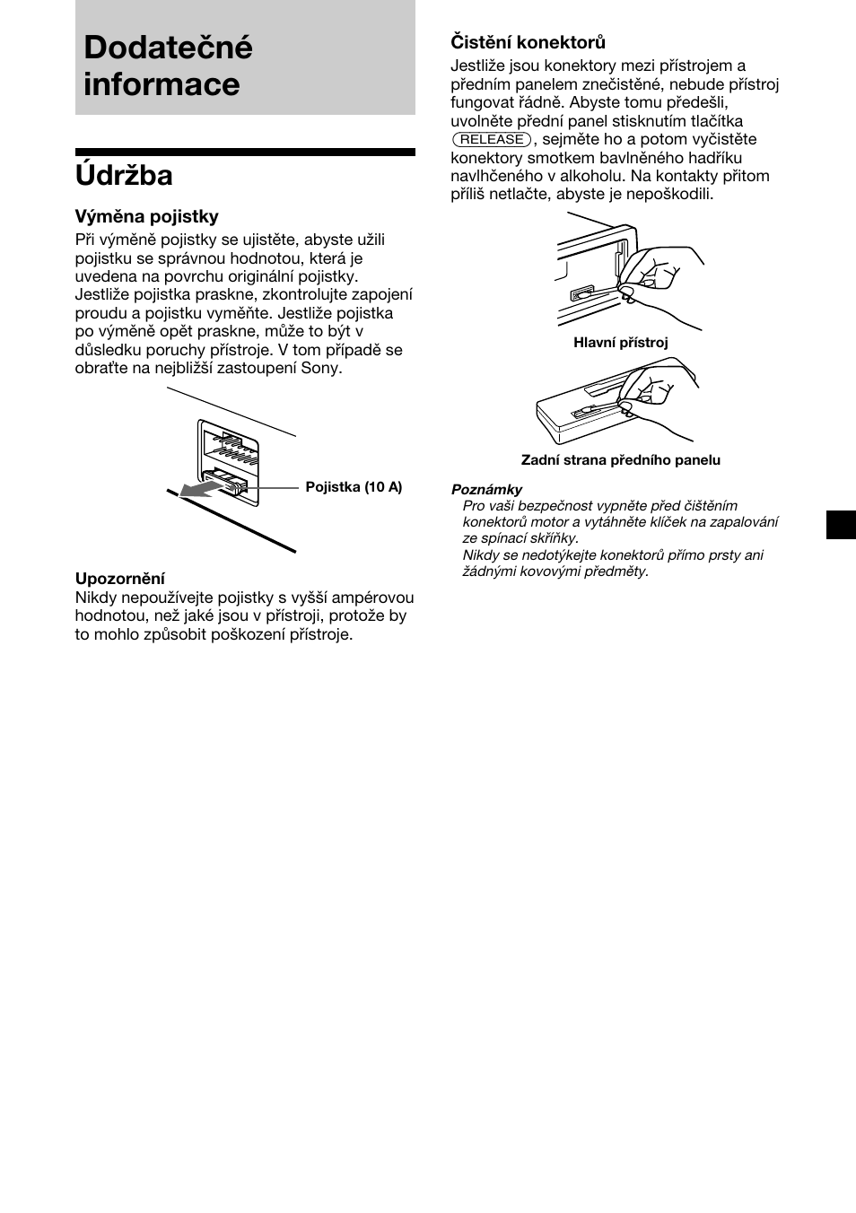 Dodatečné informace, Údržba | Sony XR-CA310  RU User Manual | Page 41 / 112