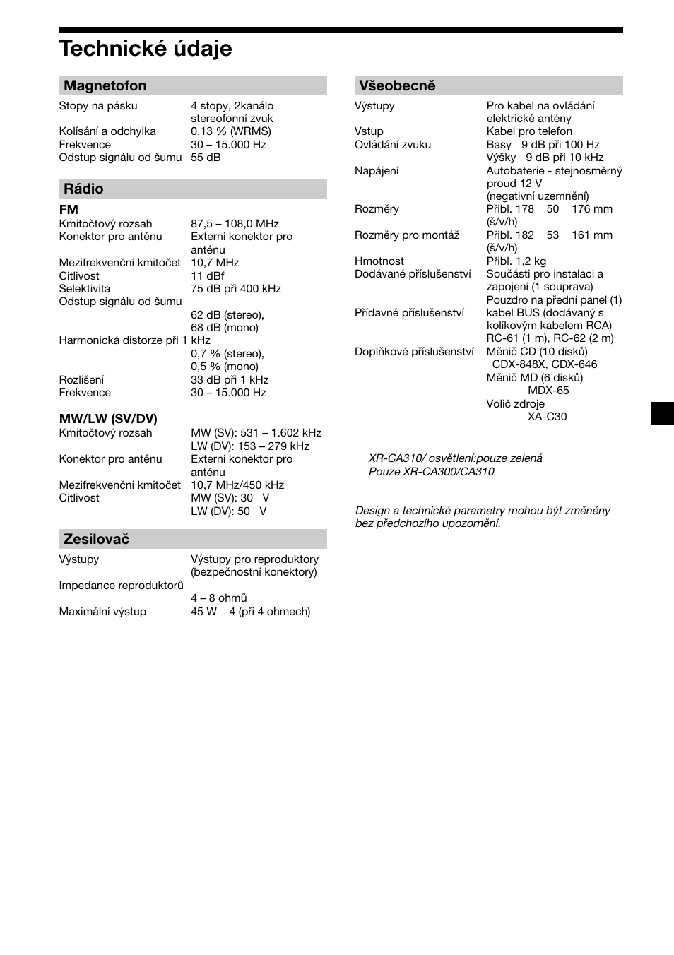 21 technické údaje, Magnetofon, Rádio | Zesilovač, Všeobecně | Sony XR-CA310  RU User Manual | Page 43 / 112