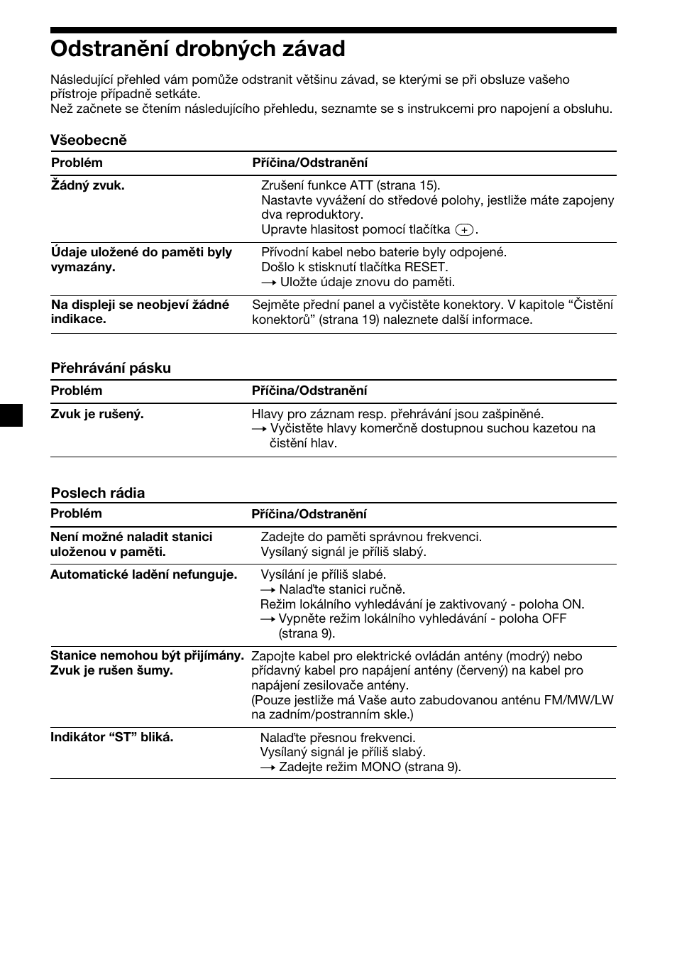 22 odstranění drobných závad | Sony XR-CA310  RU User Manual | Page 44 / 112