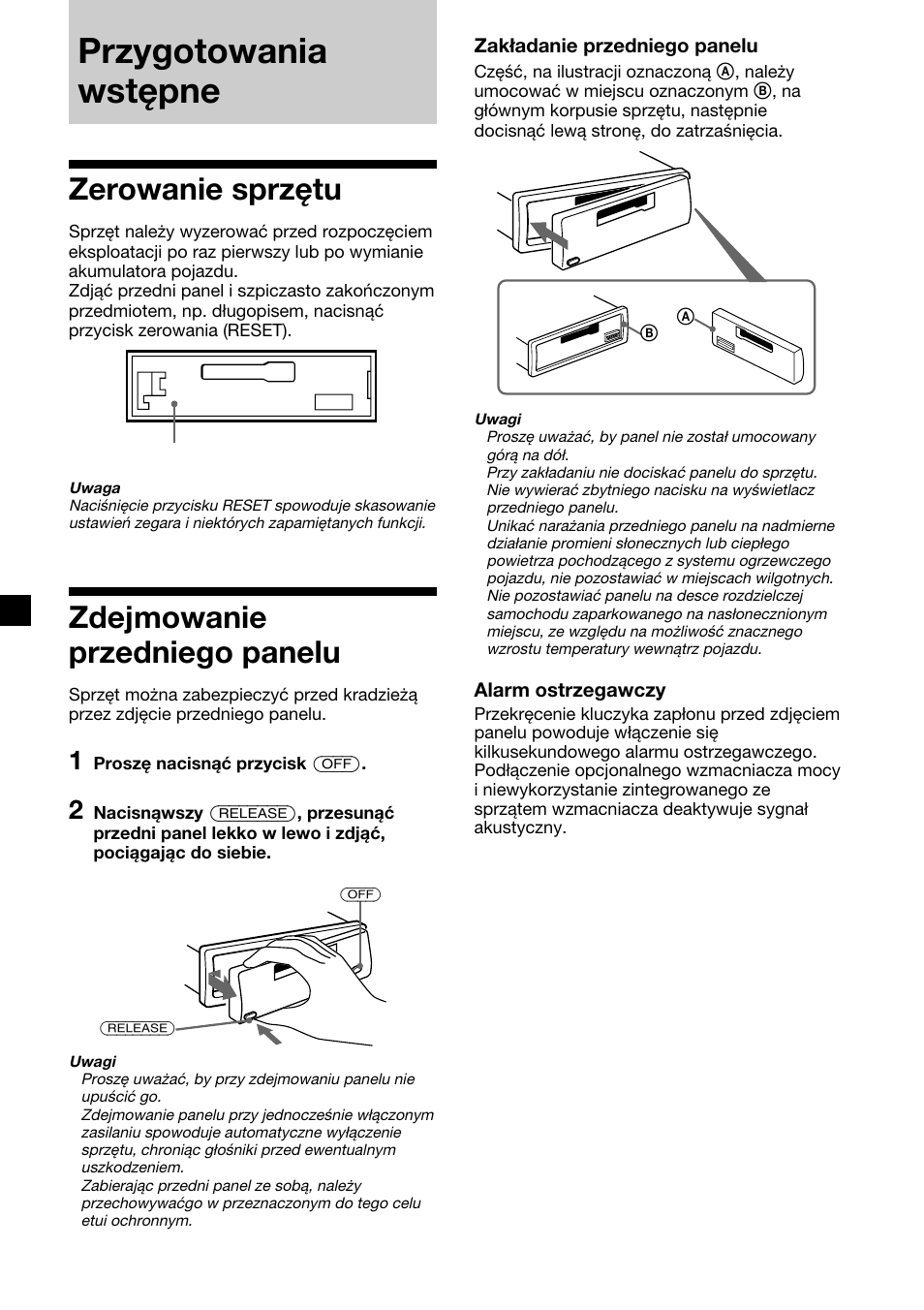 Przygotowania wstępne, Zerowanie sprzętu, Zdejmowanie przedniego panelu | Sony XR-CA310  RU User Manual | Page 50 / 112