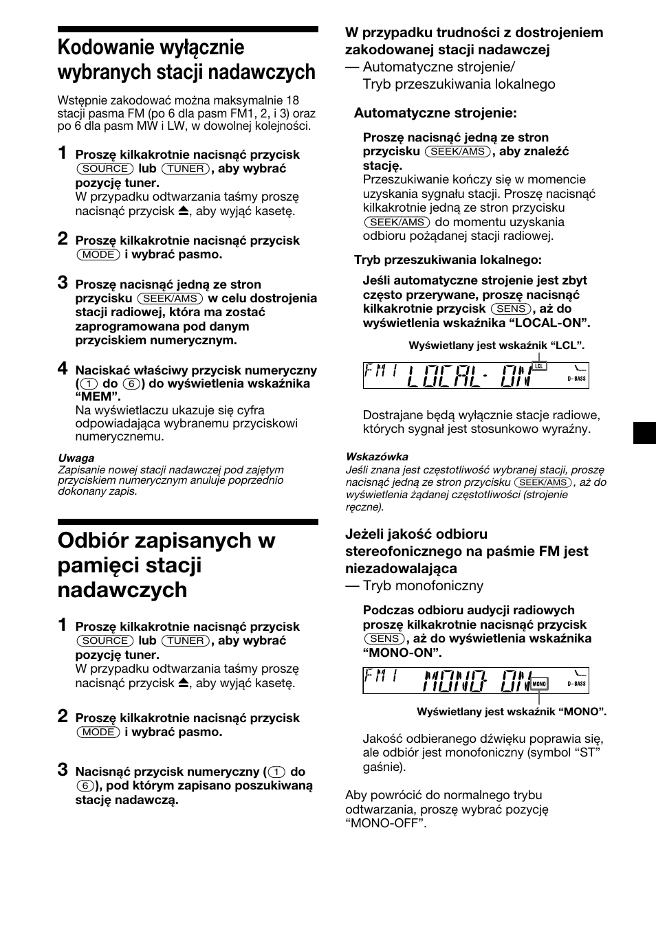 9kodowanie wyłącznie wybranych stacji nadawczych, Odbiór zapisanych w pamięci stacji nadawczych | Sony XR-CA310  RU User Manual | Page 53 / 112