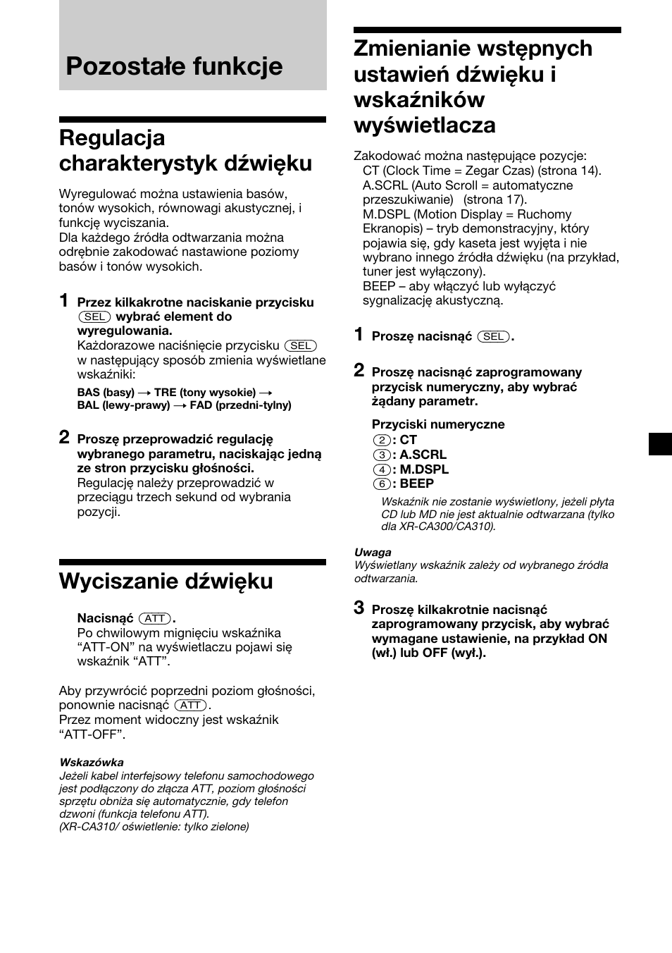 Pozostałe funkcje, Regulacja charakterystyk dźwięku, Wyciszanie dźwięku | Sony XR-CA310  RU User Manual | Page 59 / 112