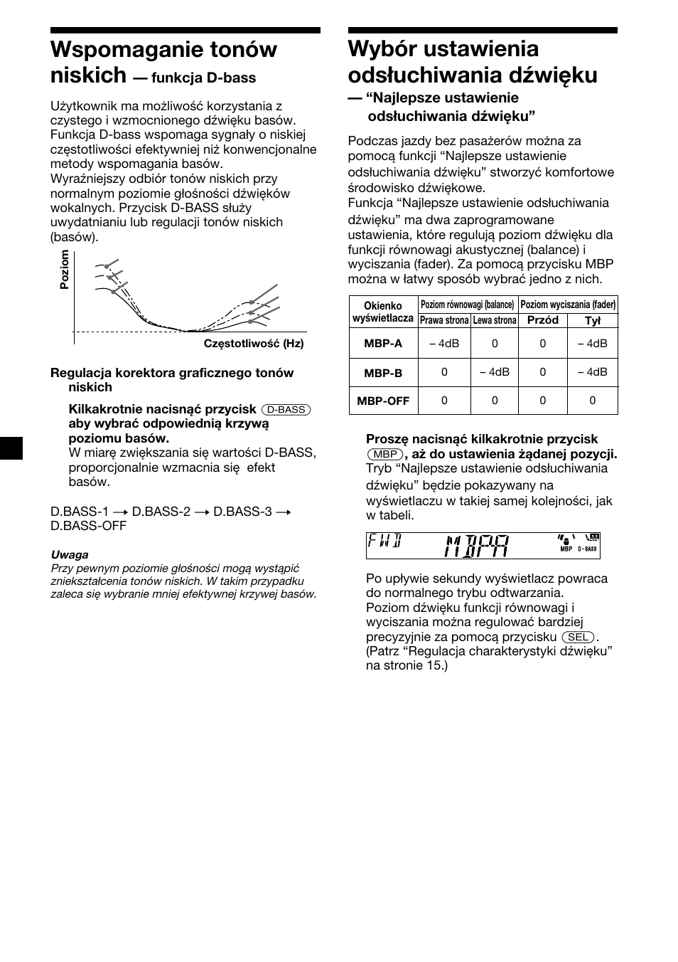 Wspomaganie tonów niskich, Wybór ustawienia odsłuchiwania dźwięku, Funkcja d-bass | Najlepsze ustawienie odsłuchiwania dźwięku | Sony XR-CA310  RU User Manual | Page 60 / 112