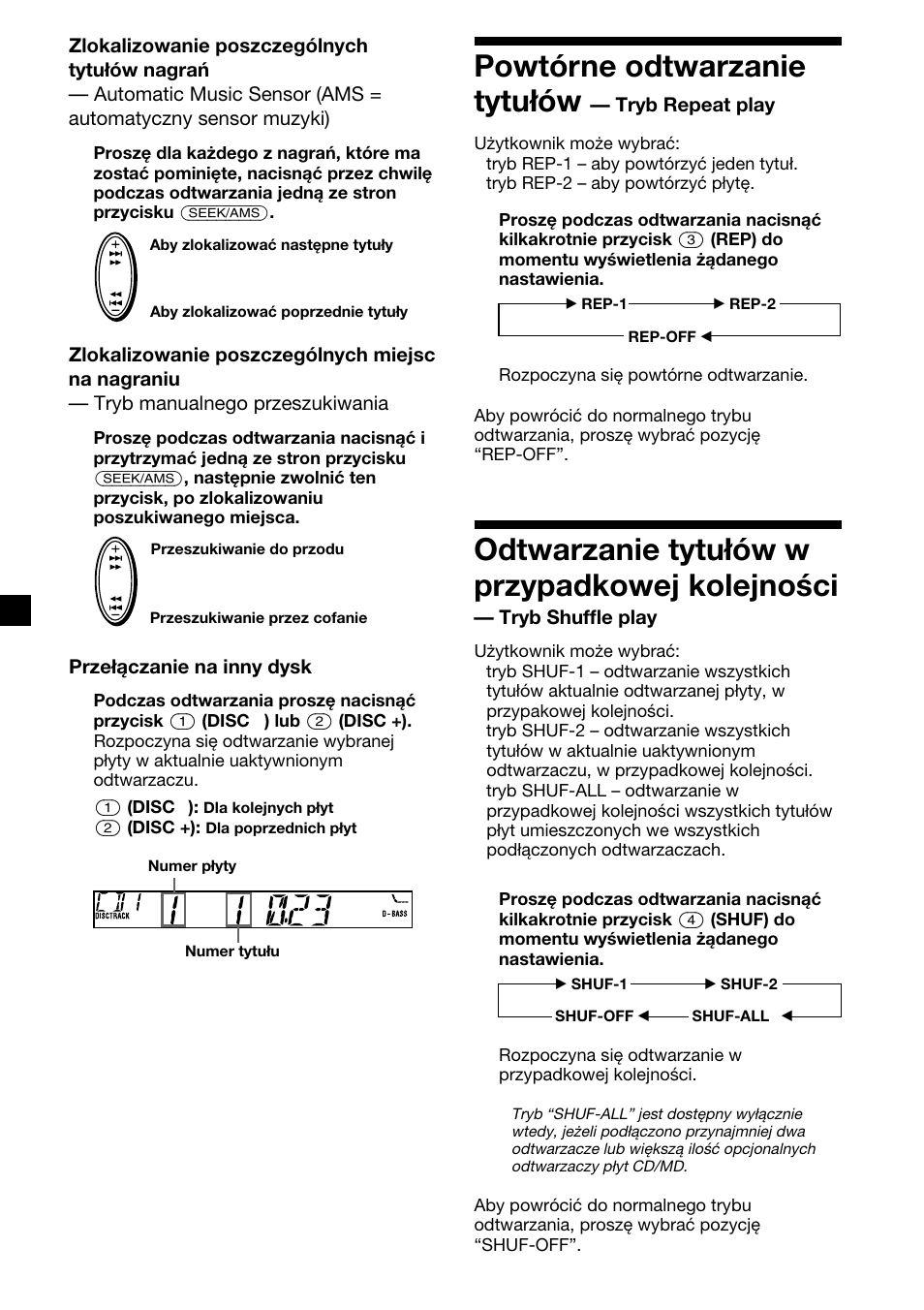 Powtórne odtwarzanie tytułów, Odtwarzanie tytułów w przypadkowej kolejności | Sony XR-CA310  RU User Manual | Page 62 / 112