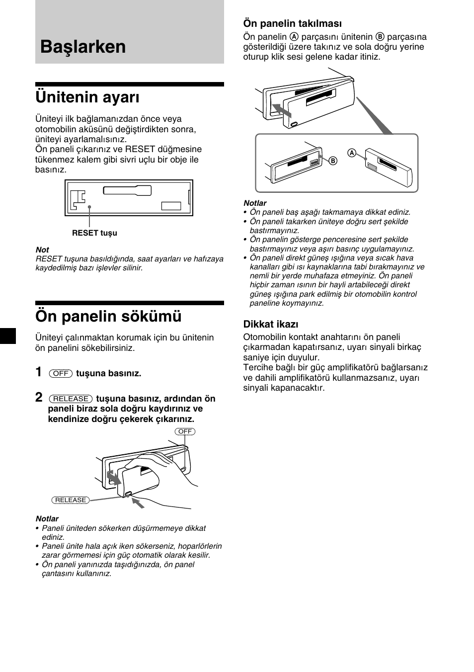 Başlarken, Ünitenin ayarı, Ön panelin sökümü | Sony XR-CA310  RU User Manual | Page 72 / 112