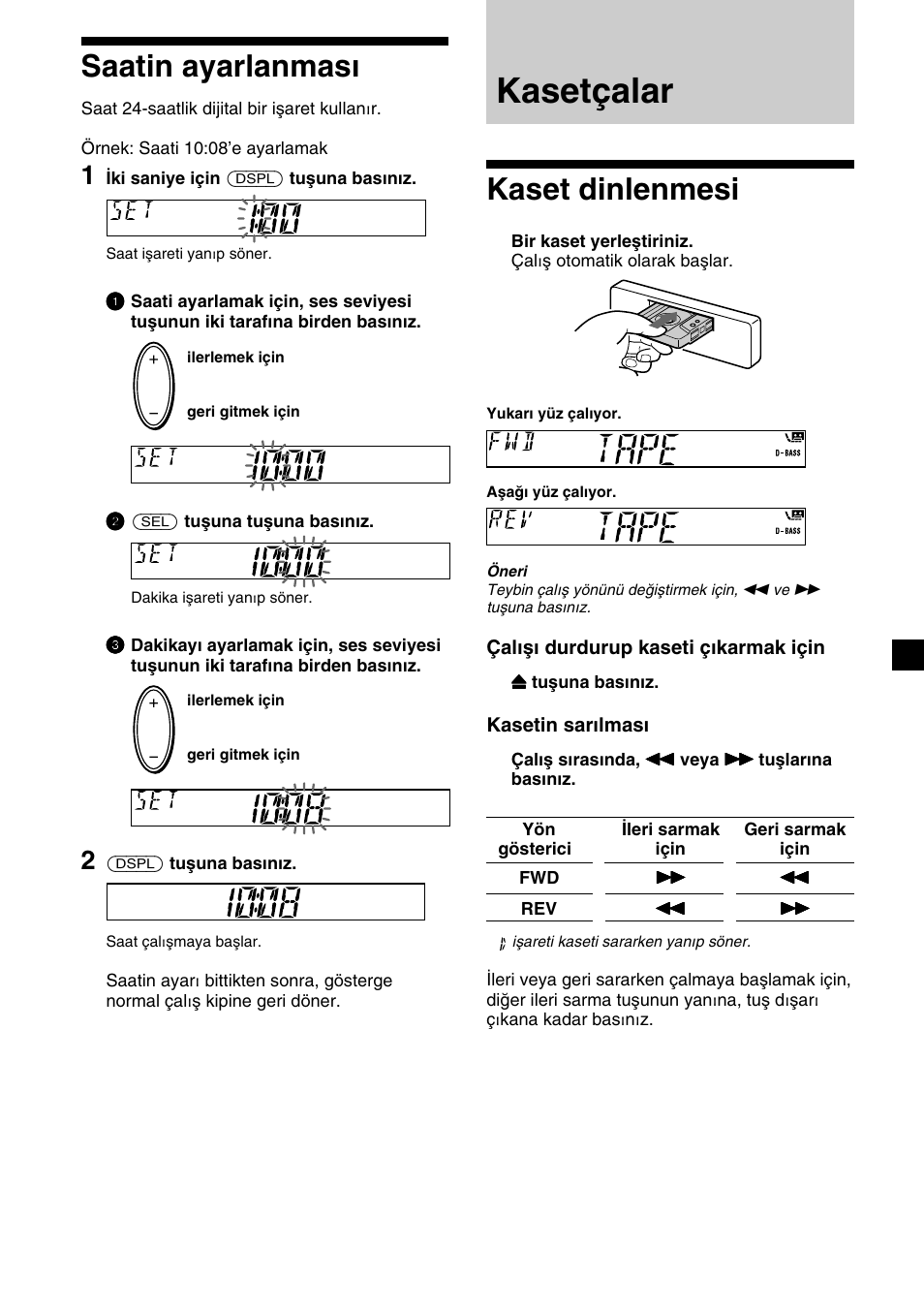 Kasetçalar, 7saatin ayarlanması, Kaset dinlenmesi | Sony XR-CA310  RU User Manual | Page 73 / 112