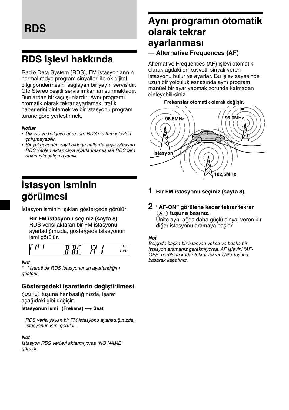 Rds işlevi hakkında, Istasyon isminin görülmesi, Aynı programın otomatik olarak tekrar ayarlanması | Sony XR-CA310  RU User Manual | Page 76 / 112