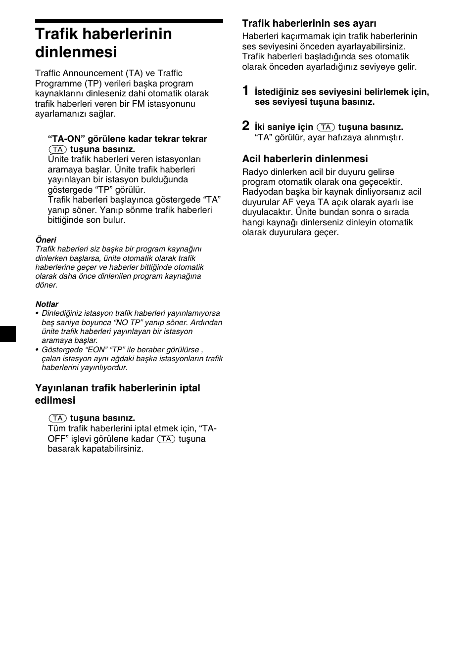 12 trafik haberlerinin dinlenmesi | Sony XR-CA310  RU User Manual | Page 78 / 112