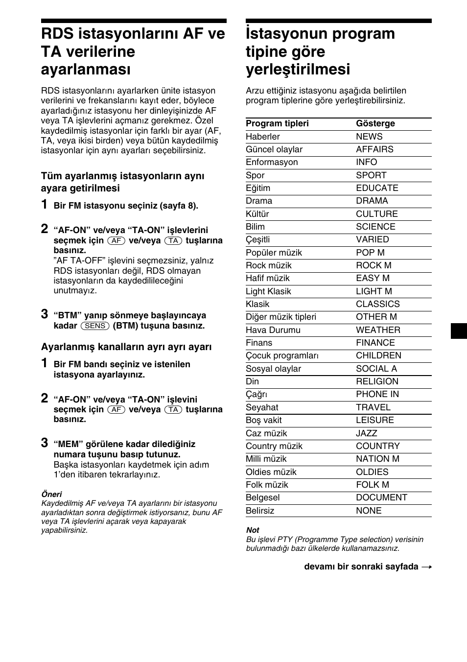 13 istasyonun program tipine göre yerleştirilmesi, Rds istasyonlarını af ve ta verilerine ayarlanması | Sony XR-CA310  RU User Manual | Page 79 / 112