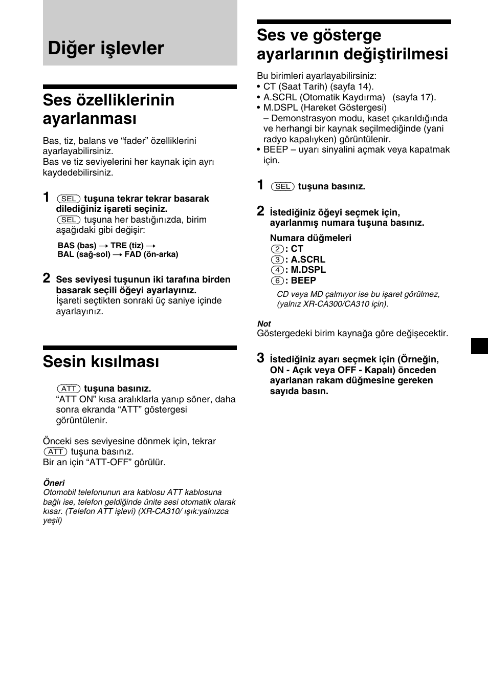 Diğer işlevler, Ses özelliklerinin ayarlanması, Sesin kısılması | Ses ve gösterge ayarlarının değiştirilmesi | Sony XR-CA310  RU User Manual | Page 81 / 112