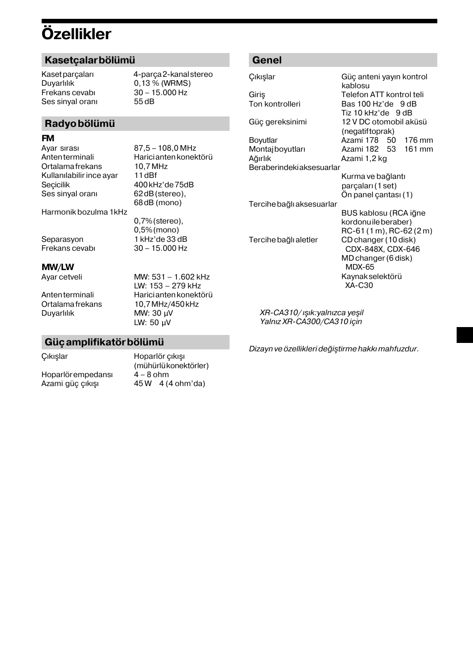 21 özellikler, Kasetçalar bölümü, Radyo bölümü | Güç amplifikatör bölümü, Genel | Sony XR-CA310  RU User Manual | Page 87 / 112