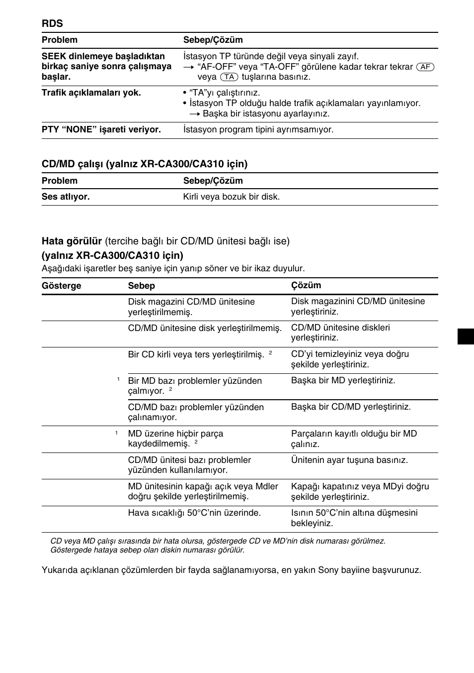 No mag no disc error blank reset not ready hi temp | Sony XR-CA310  RU User Manual | Page 89 / 112