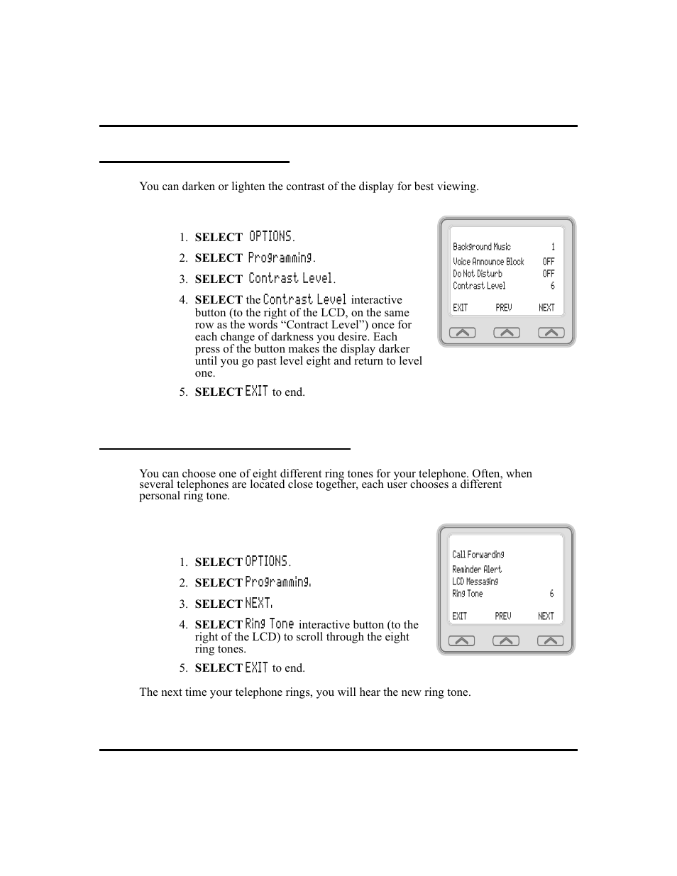 Setting display contrast 4, Setting a personal ringing tone 4, Personal ringing tone, 4 | Selecting a personal tone, 4, Setting display contrast, Setting a personal ringing tone | Vertical Communications and FXT User Manual | Page 12 / 132