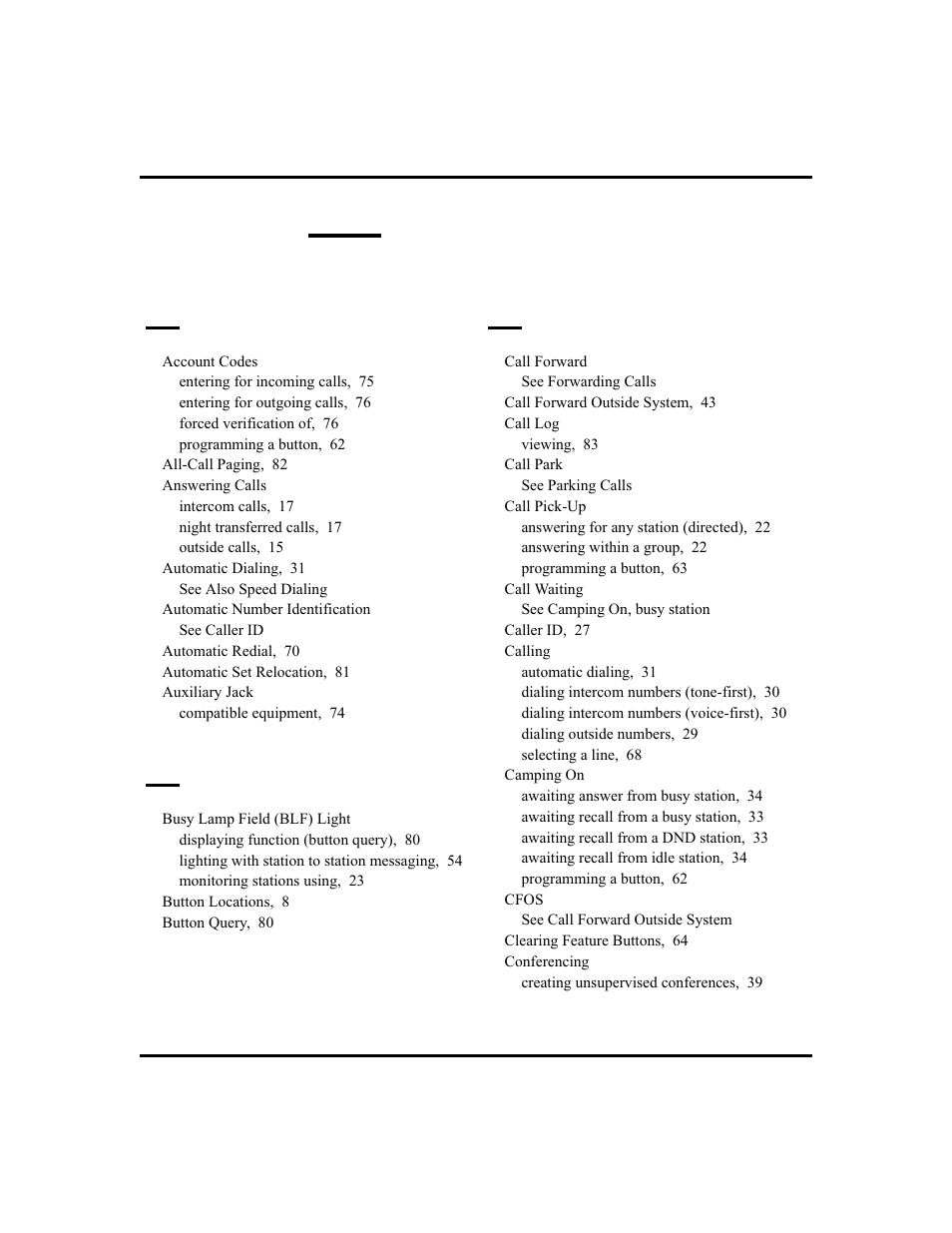 Index | Vertical Communications and FXT User Manual | Page 127 / 132