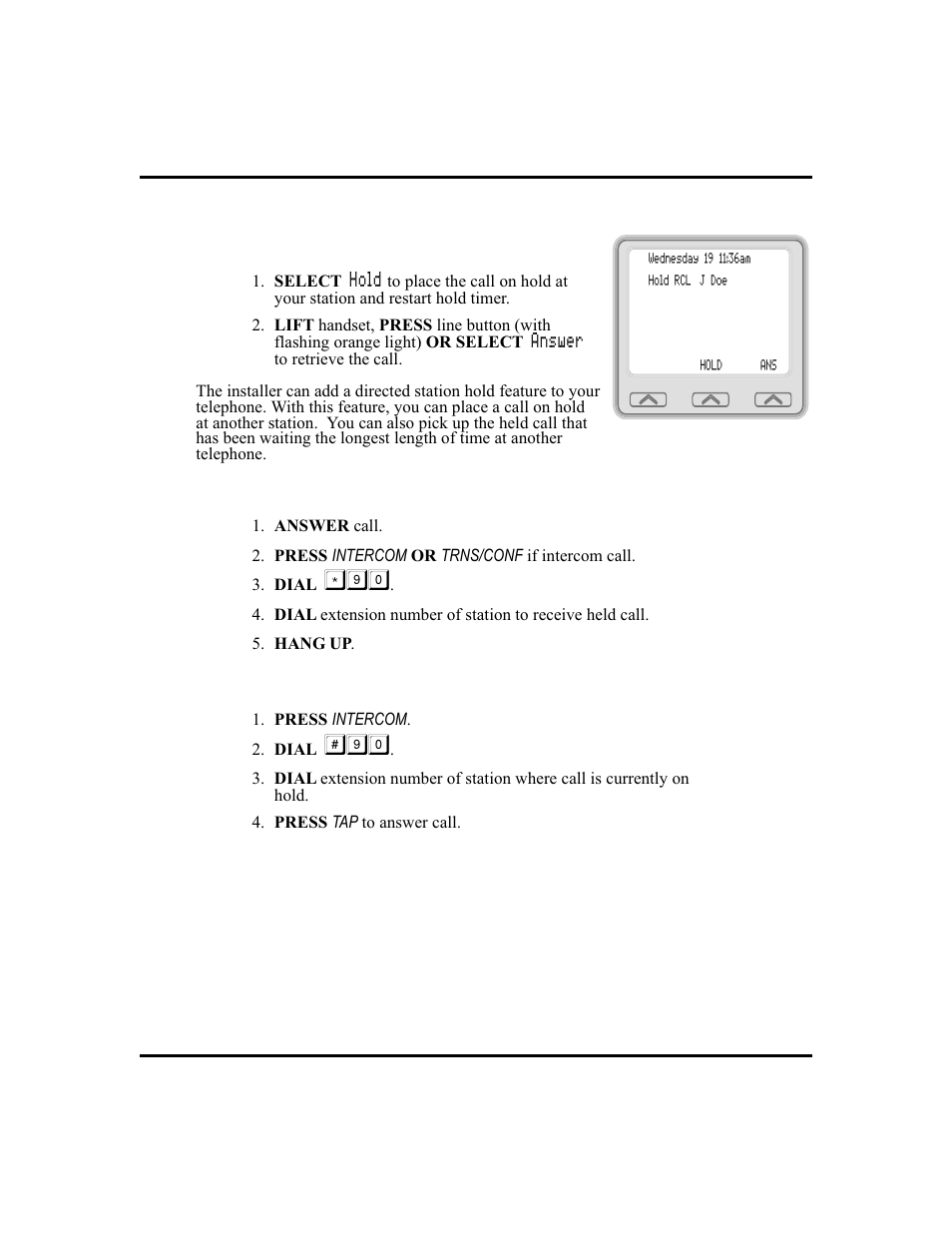 Directed station hold, 20, Handling hold recalls, 20, Using directed hold, 20 | Vertical Communications and FXT User Manual | Page 28 / 132