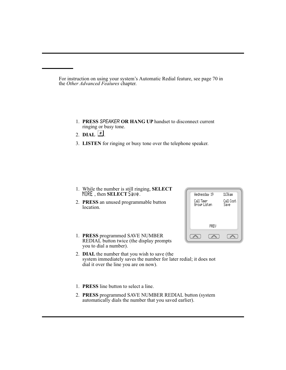 Redialing 32, Dynamic save button, 32, Last number redial, 32 | Last number dialed, 32, Storing numbers for future redial, 32, Redialing, Redial - last-dialed number, Redial programming (storing numbers) | Vertical Communications and FXT User Manual | Page 40 / 132