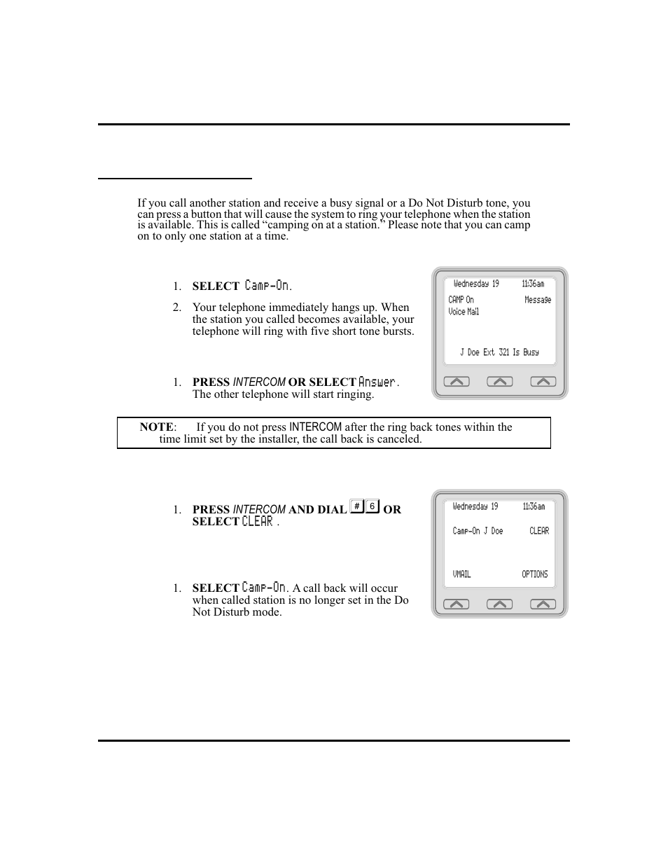 Camping on - busy station, automatic callback 33, Awaiting recall from a busy station, 33, Awaiting recall from a dnd station, 33 | Camping on - busy station, Automatic callback, Camping on - busy station, automatic callback, When you hear five short tone bursts | Vertical Communications and FXT User Manual | Page 41 / 132