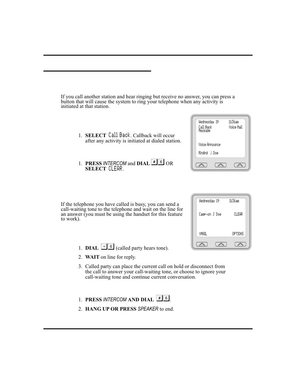 Advanced camping on options 34, Awaiting answer from busy station, 34, Awaiting recall from idle station, 34 | Advanced camping on options | Vertical Communications and FXT User Manual | Page 42 / 132