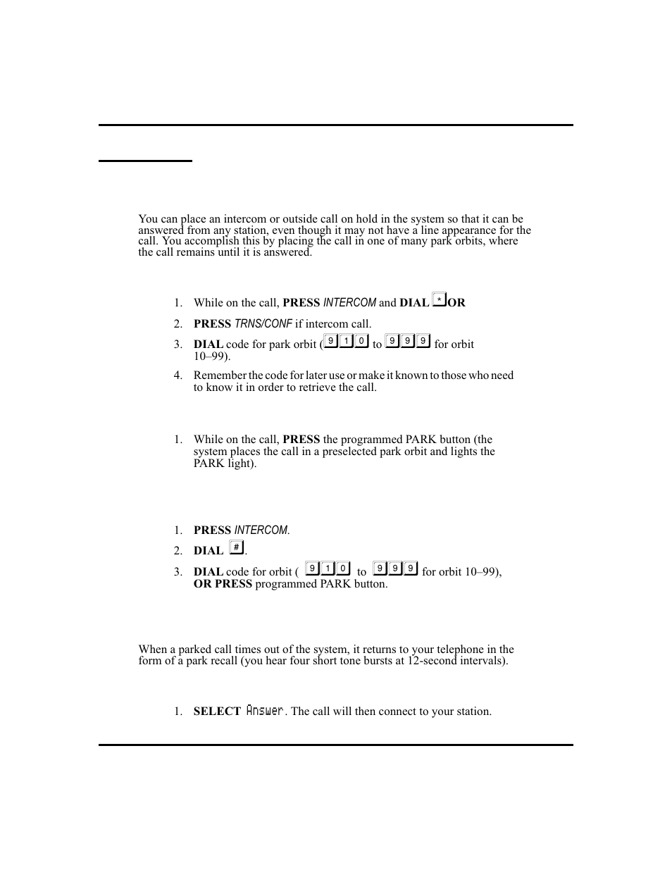 Call parking 45, Orbit codes, 45, Call parking | Call parking parking a call, Handling park recalls | Vertical Communications and FXT User Manual | Page 53 / 132