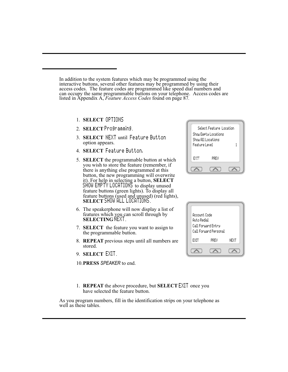 Feature access codes 60, Storing at program mable location, 60, Feature access codes | Vertical Communications and FXT User Manual | Page 68 / 132