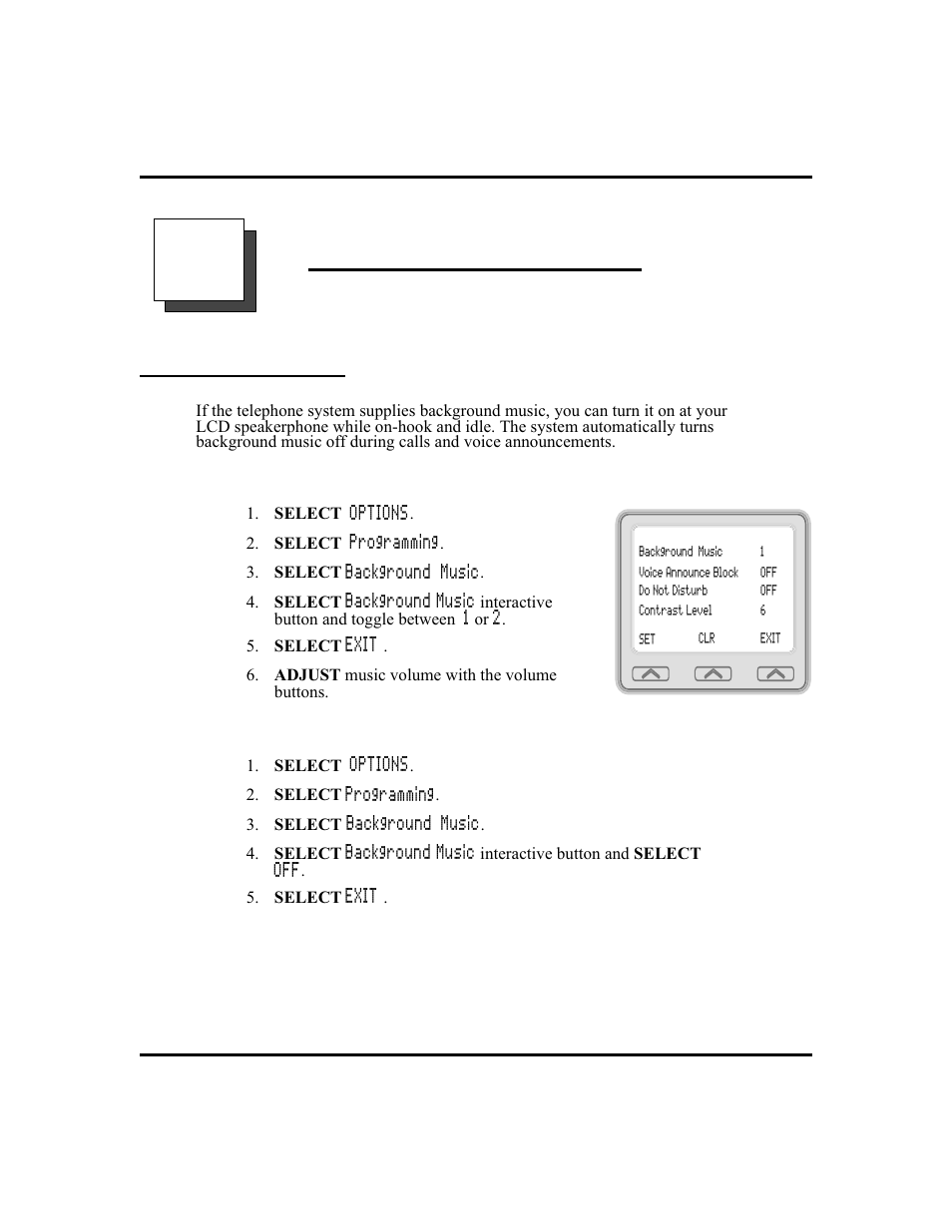 7 other advanced features 67, Back ground music 67, Selecting, 67 | Other advanced features, Background music | Vertical Communications and FXT User Manual | Page 75 / 132