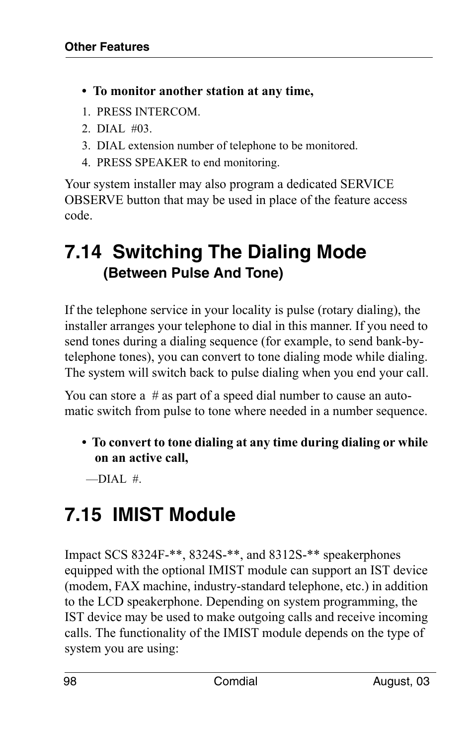 15 imist module, 14 switching the dialing mode | Vertical Communications SCS 8324S User Manual | Page 108 / 174