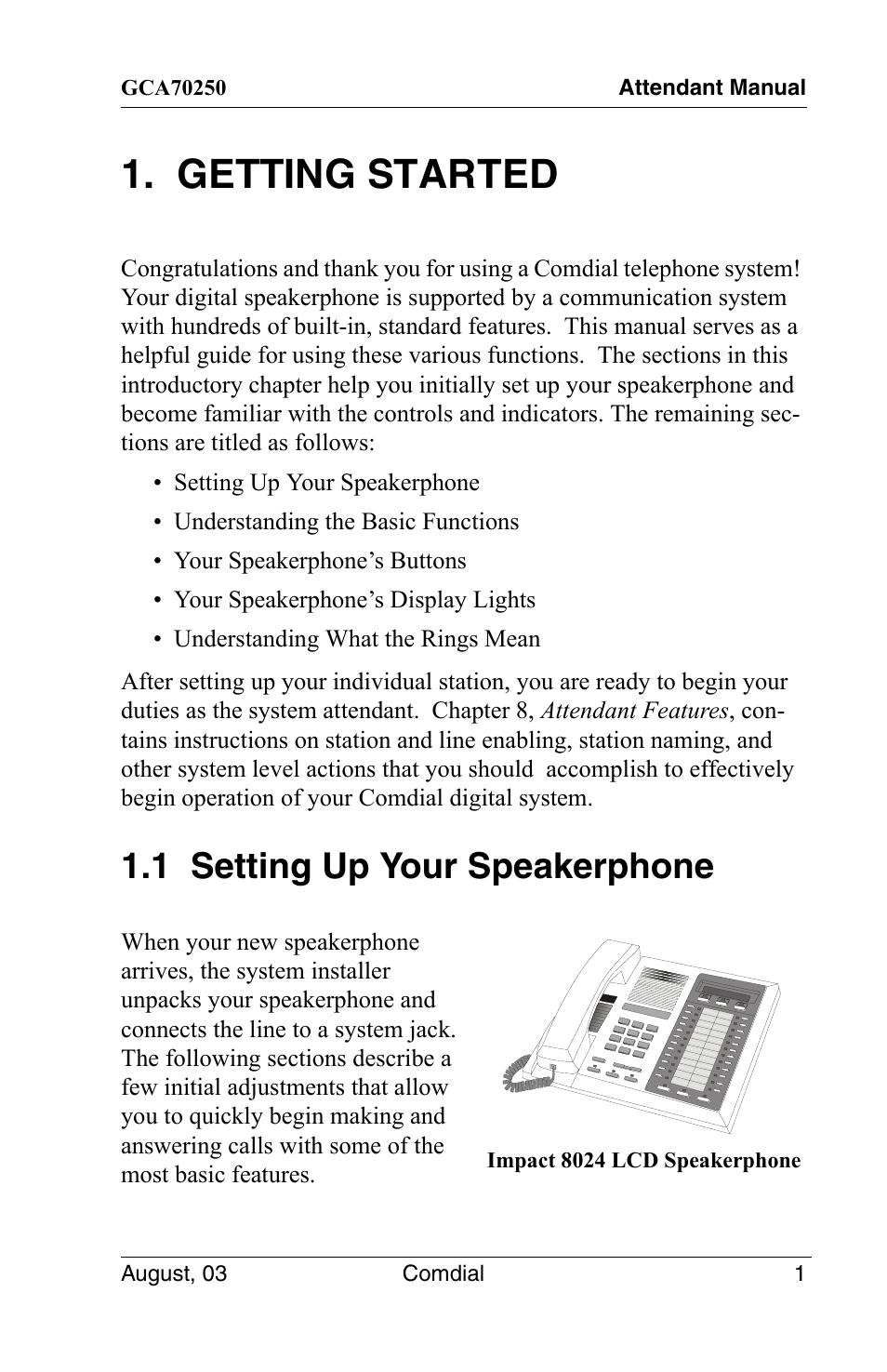 Getting started, 1 setting up your speakerphone | Vertical Communications SCS 8324S User Manual | Page 11 / 174