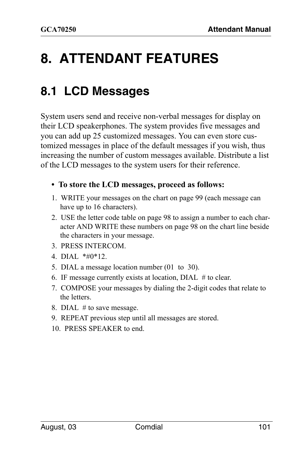 Attendant features, 1 lcd messages | Vertical Communications SCS 8324S User Manual | Page 111 / 174
