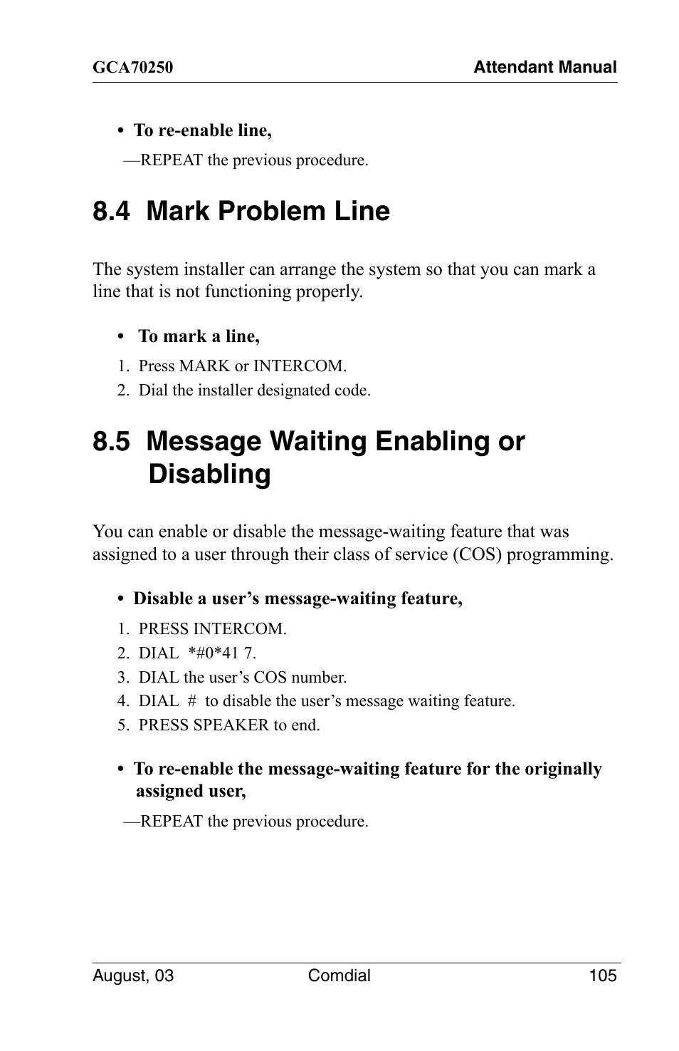 4 mark problem line, 5 message waiting enabling or disabling | Vertical Communications SCS 8324S User Manual | Page 115 / 174
