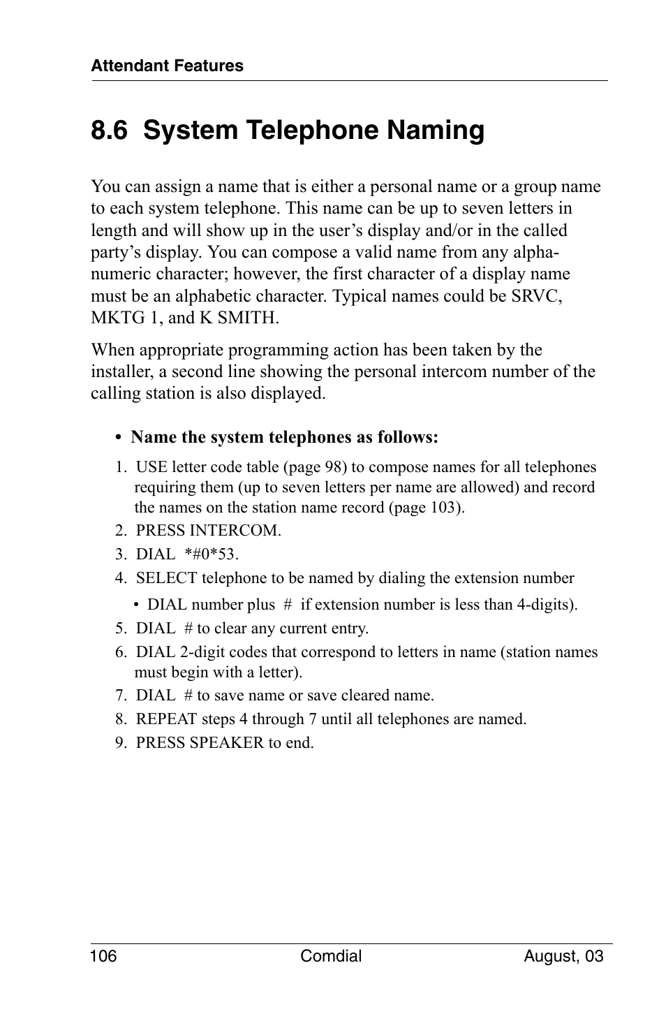 6 system telephone naming | Vertical Communications SCS 8324S User Manual | Page 116 / 174