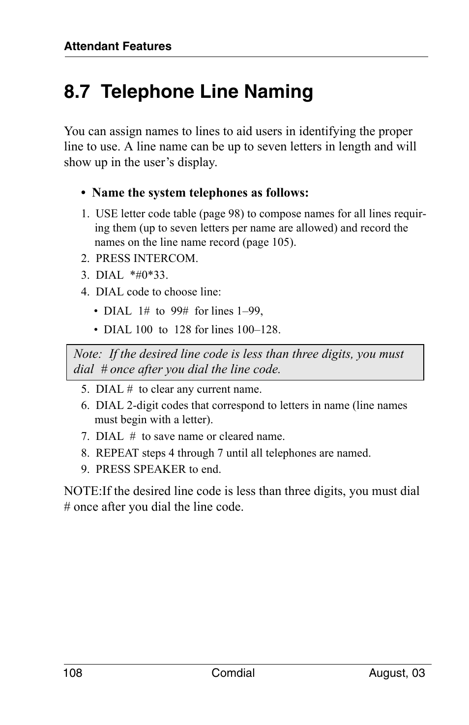 7 telephone line naming | Vertical Communications SCS 8324S User Manual | Page 118 / 174