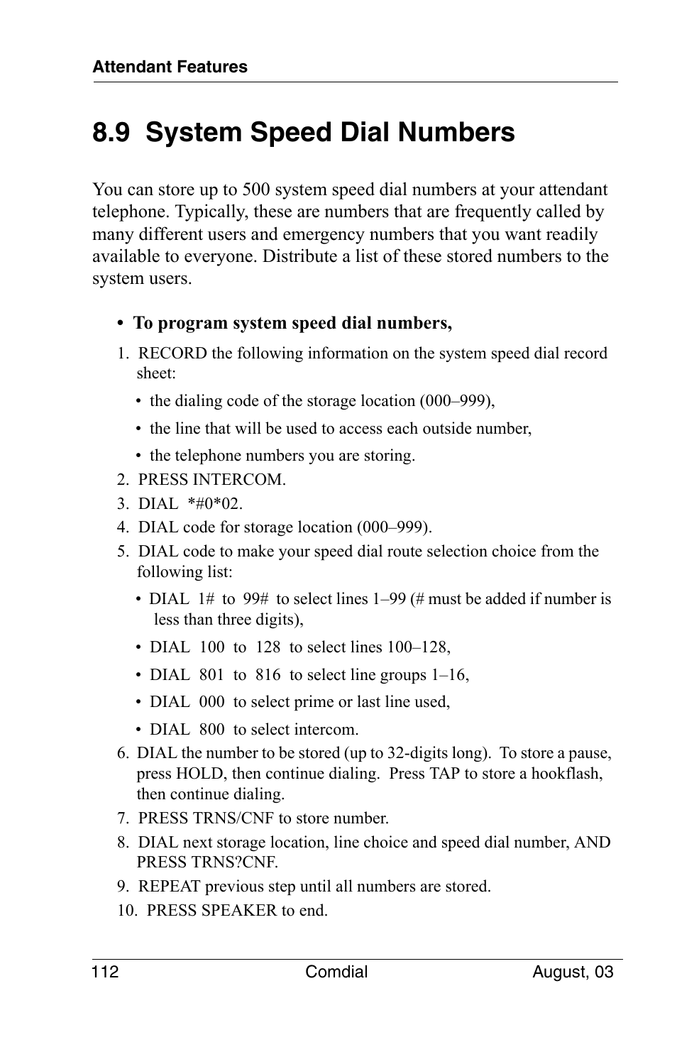 9 system speed dial numbers | Vertical Communications SCS 8324S User Manual | Page 122 / 174