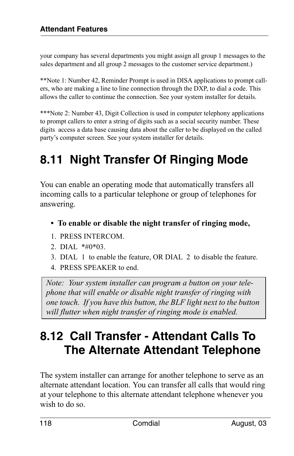 11 night transfer of ringing mode, Attendant telephone | Vertical Communications SCS 8324S User Manual | Page 128 / 174