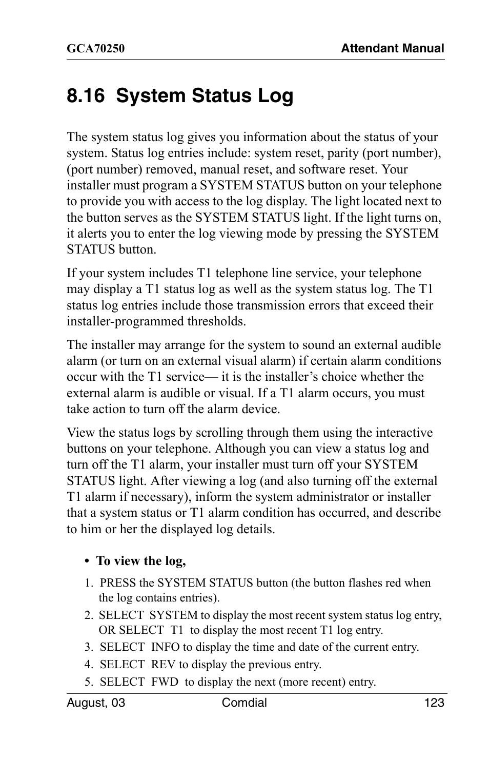 16 system status log | Vertical Communications SCS 8324S User Manual | Page 133 / 174