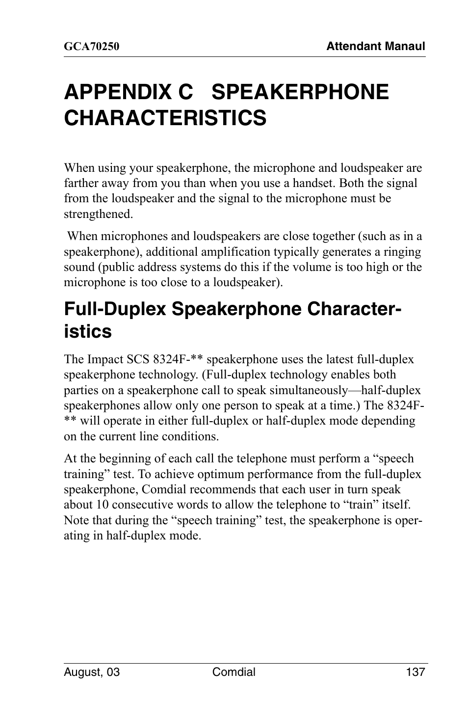 Appendix c speakerphone characteristics, Full-duplex speakerphone character- istics | Vertical Communications SCS 8324S User Manual | Page 147 / 174