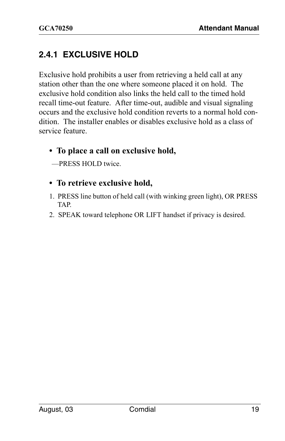 1 exclusive hold | Vertical Communications SCS 8324S User Manual | Page 29 / 174