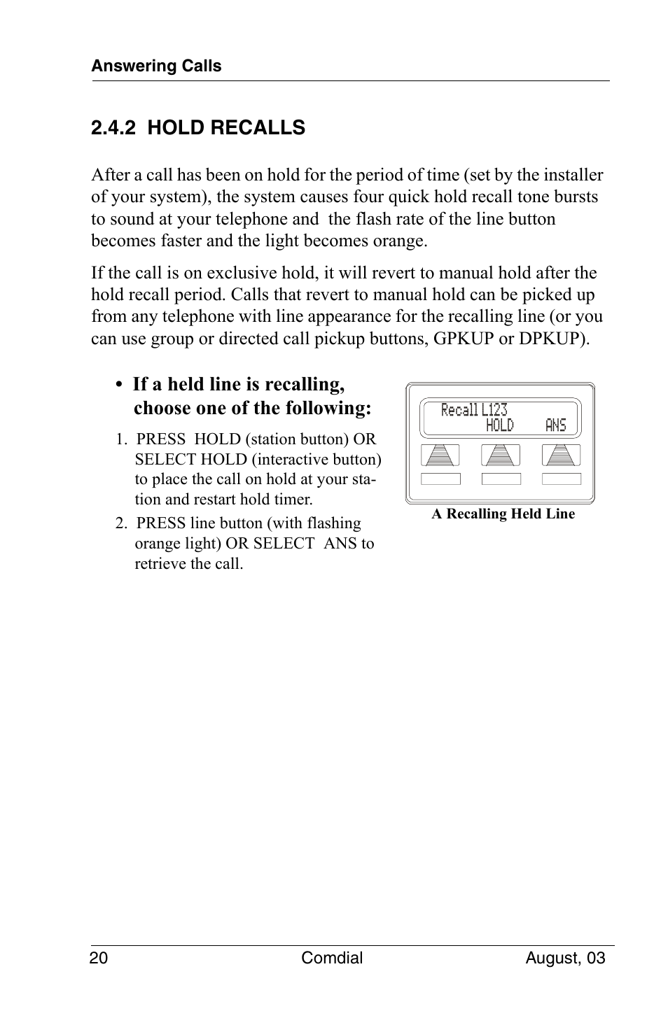 2 hold recalls | Vertical Communications SCS 8324S User Manual | Page 30 / 174