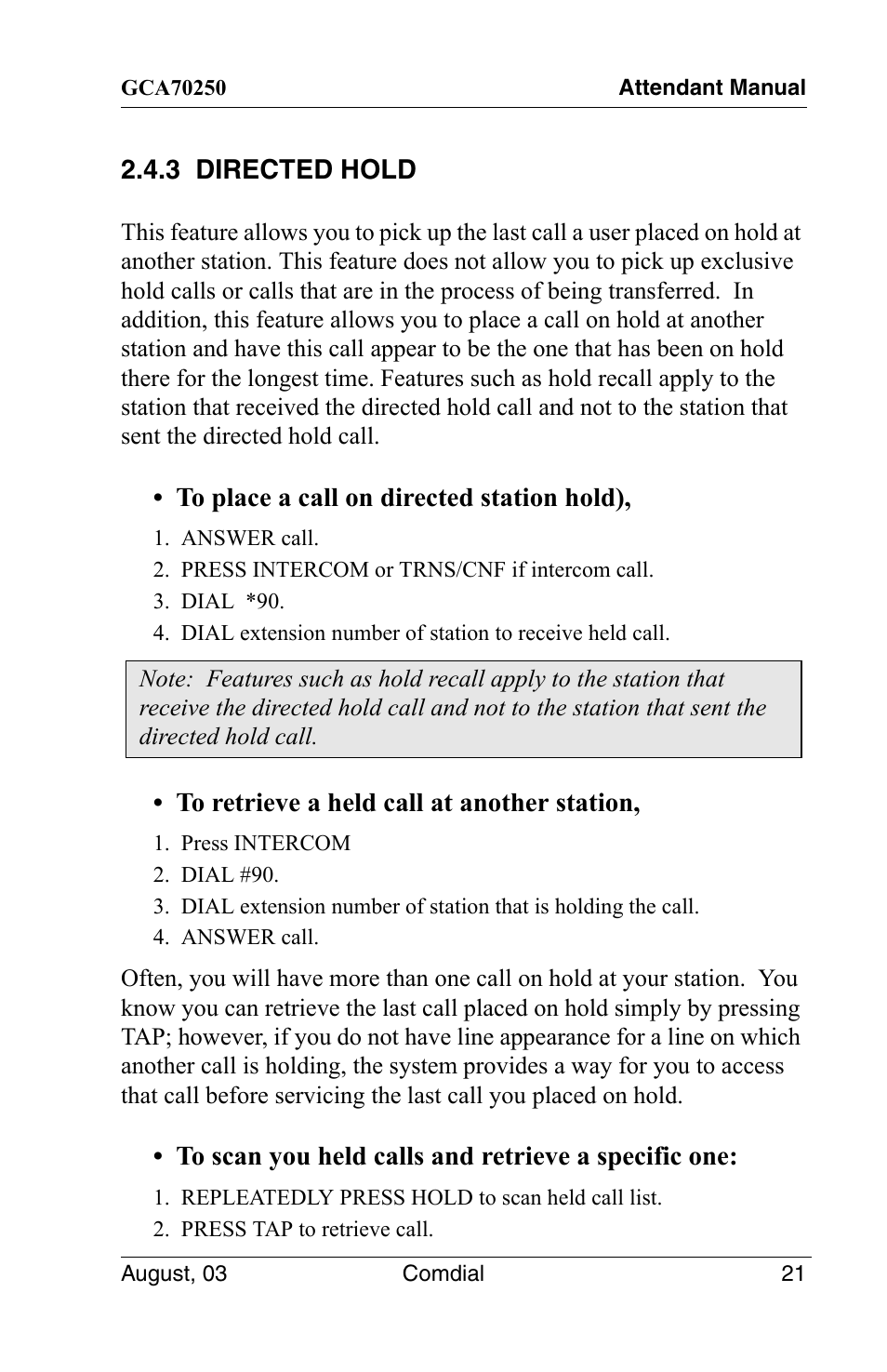3 directed hold | Vertical Communications SCS 8324S User Manual | Page 31 / 174