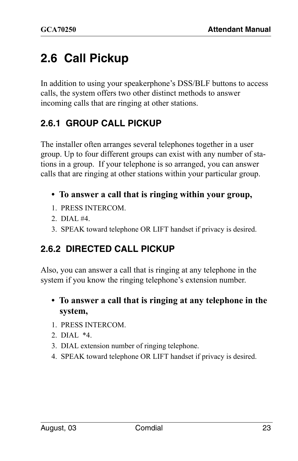 6 call pickup, 1 group call pickup, 2 directed call pickup | 1 group call pickup 2.6.2 directed call pickup | Vertical Communications SCS 8324S User Manual | Page 33 / 174