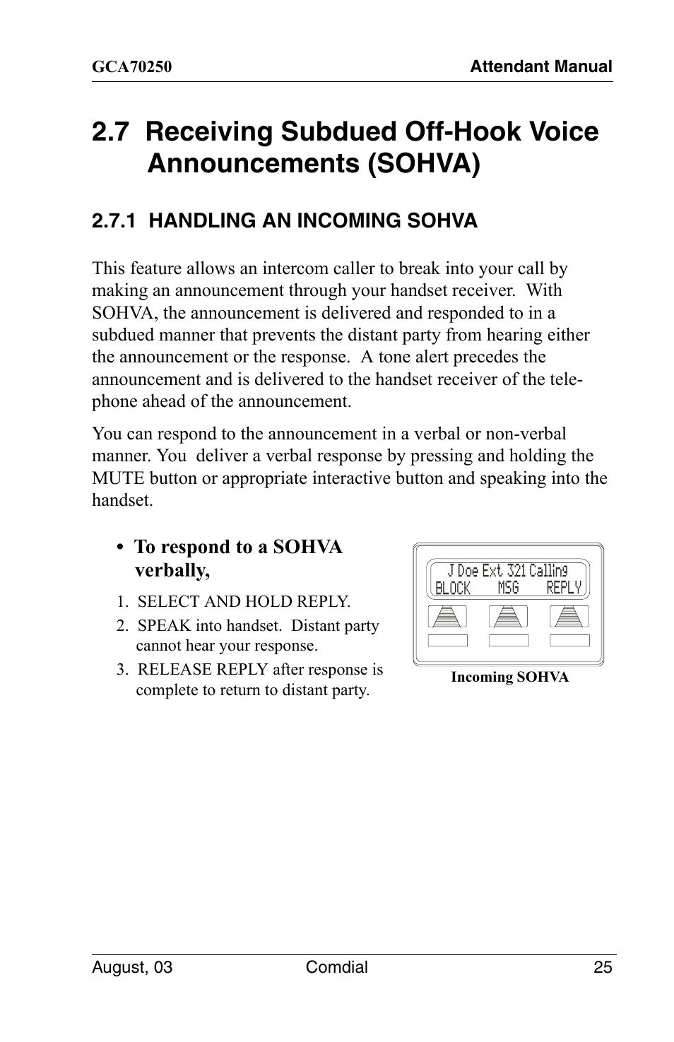 1 handling an incoming sohva, 7 receiving subdued off-hook voice announcements, Sohva) 25 | Vertical Communications SCS 8324S User Manual | Page 35 / 174