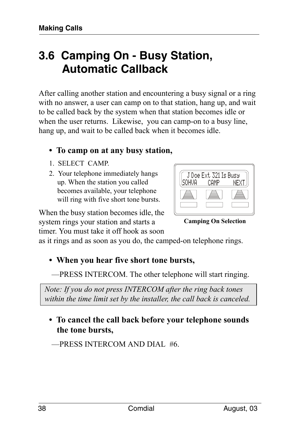 6 camping on - busy station, automatic callback | Vertical Communications SCS 8324S User Manual | Page 48 / 174