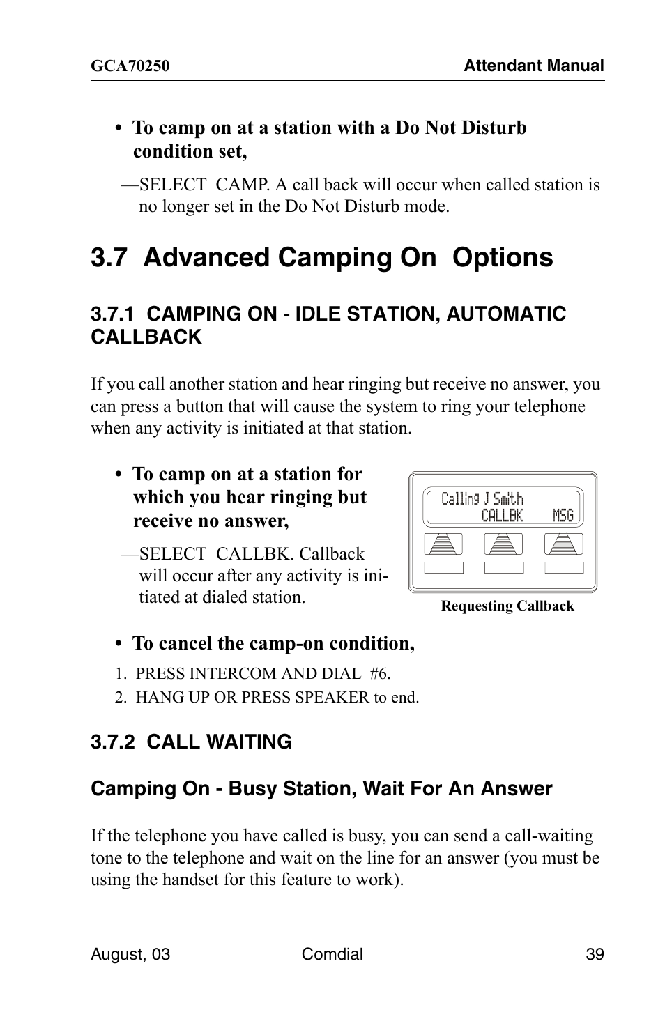 7 advanced camping on options, 1 camping on - idle station, automatic callback, 2 call waiting | Vertical Communications SCS 8324S User Manual | Page 49 / 174