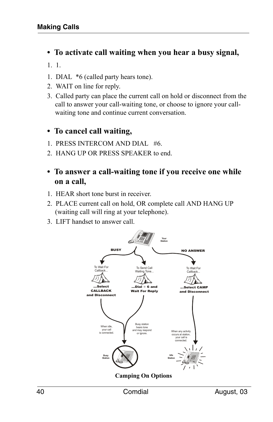 Making calls 40 comdial august, 03, Camping on options | Vertical Communications SCS 8324S User Manual | Page 50 / 174